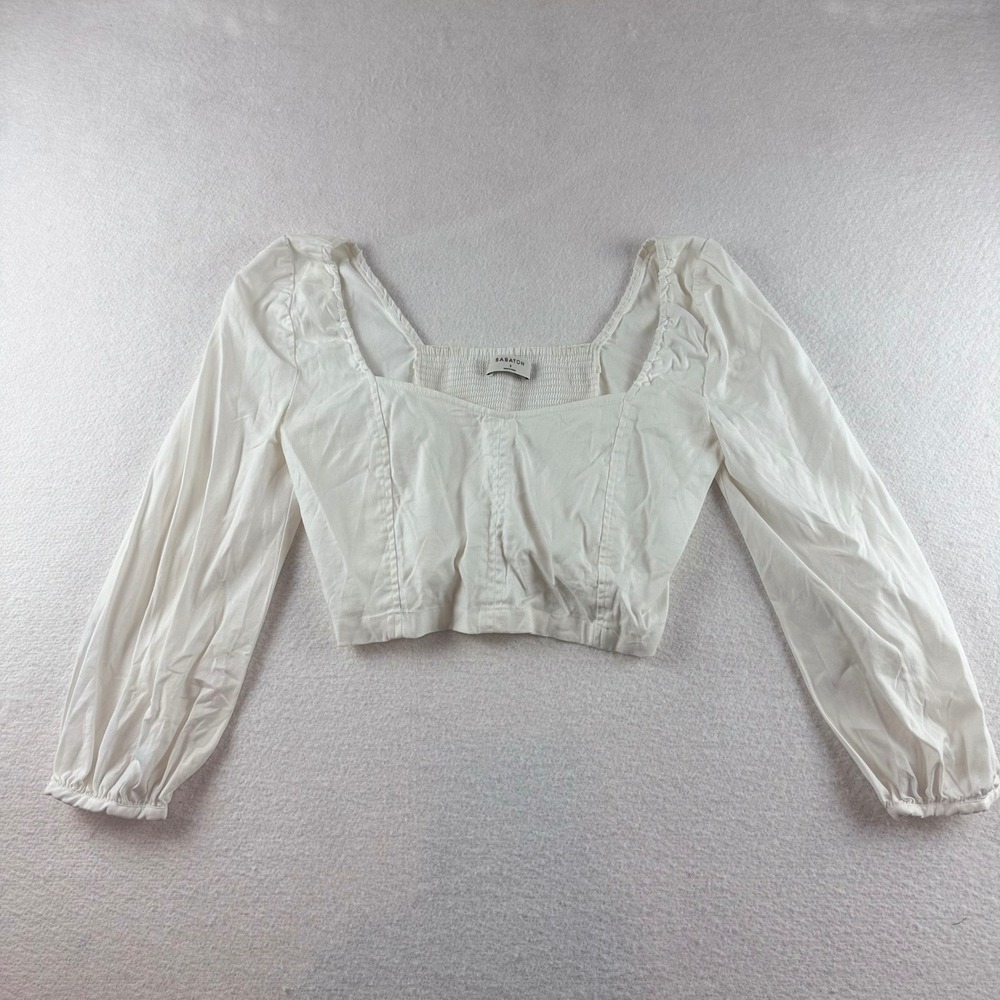 Babaton White Sweetheart Neck Puff Sleeve Smocked Crop Blouse Small